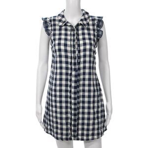 Dear Creatures Women Tunic Button-Up Blue Check Sleeveless Cotton Size XS